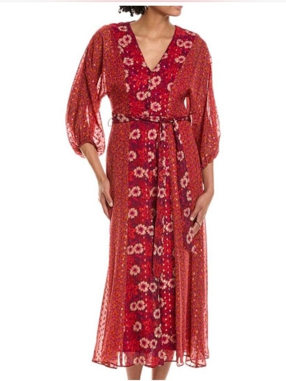 Taylor Red Floral V-Neck Midi Dress with Tie Waist